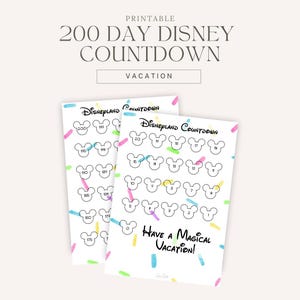 Könnte beinhalten: Druckbare Disney-Countdown-Blätter für 200 Tage. Jedes Blatt zeigt Mickey Mouse-Kopfformen mit Zahlen zum Markieren der Tage. Der Text "Have a Magical Vacation!" steht unten, mit bunten Konfetti-Akzenten.