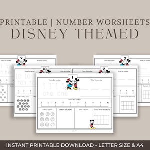 May include: Printable Disney-themed number worksheets. The worksheets feature Mickey and Minnie Mouse illustrations and include tracing, writing, and counting exercises. The worksheets are available in letter size and A4.