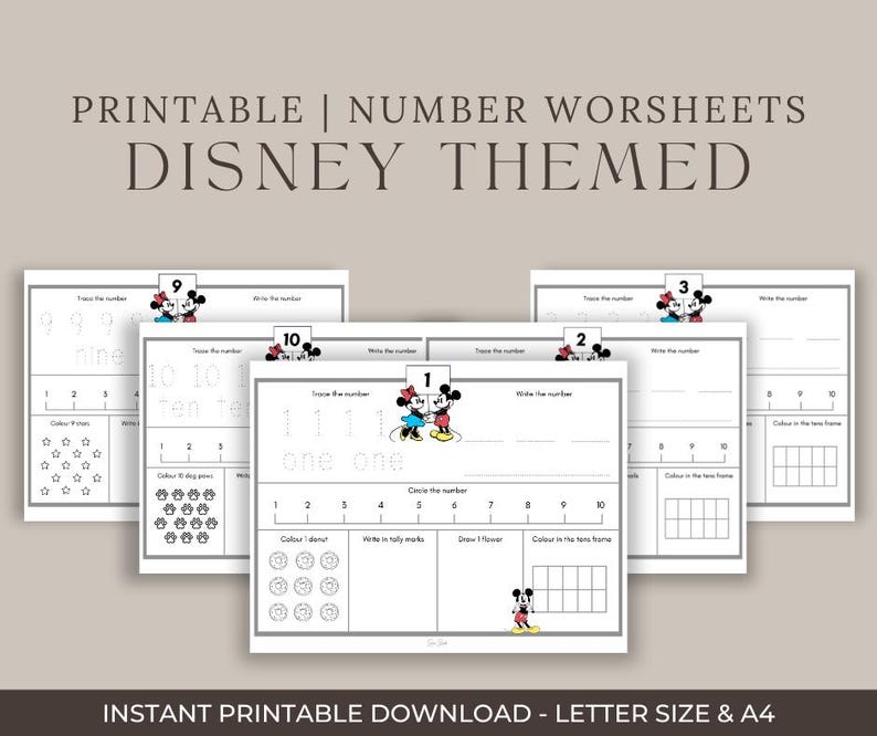 May include: Printable Disney-themed number worksheets. The worksheets feature Mickey and Minnie Mouse illustrations and include tracing, writing, and counting exercises. The worksheets are available in letter size and A4.