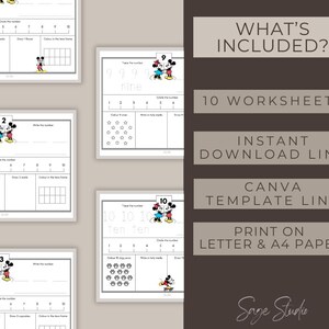 May include: Educational worksheets for numbers 1-10, featuring Mickey and Minnie Mouse. Each worksheet includes tracing, writing, and counting exercises. The image also includes a list of what's included: 10 worksheets, instant download link, Canva template link, and print on letter & A4 paper.