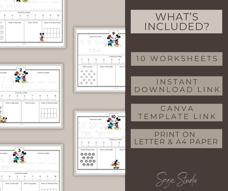 May include: Educational worksheets for numbers 1-10, featuring Mickey and Minnie Mouse. Each worksheet includes tracing, writing, and counting exercises. The image also includes a list of what's included: 10 worksheets, instant download link, Canva template link, and print on letter & A4 paper.