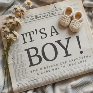 "Digitales ""Es ist ein Junge"", Boho Zeitung Gender Reveal Idee, minimalistisches Instagram Schwangerschaft enthüllen Foto, Baby Überraschung."