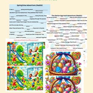 May include: Two colourful illustrations with a 'Spot the Differences' theme. The first image shows a playground with children playing on a swing set and a slide. The second image shows a basket filled with colourful Easter eggs, candy, and chocolate. The text 'Can you find 10 differences?' appears below each image.