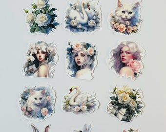 Vintage Blumen Tier Sticker: Gestickte Papier Abziehbilder
