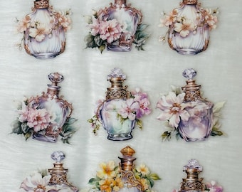 Stickers parfumflesjes bloemen: versieringen voor plakboekplanner (10 stuks)