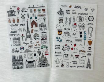 Aquarel reisstickers: Parijs en koffiethema (6 vellen)