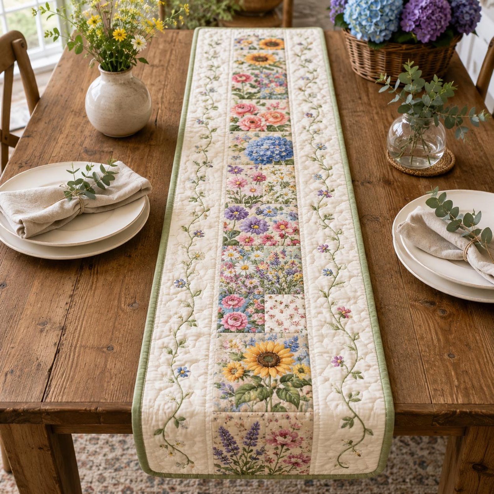 Floral Patchwork Table Runner Quilt, Cottagecore Wildflower Dining Decor, Spring Garden Quilted Runner for Farmhouse Table - 35.5cmx122cm