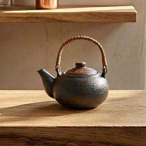 Può includere: Una teiera in ceramica blu scuro e marrone con un manico intrecciato è appoggiata su un tavolo di legno. La teiera ha un corpo arrotondato e un beccuccio. Il manico è realizzato in un materiale intrecciato marrone chiaro. È un oggetto decorativo.