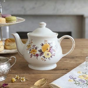 ヴィンテージ サドラー イングランド 磁器 黄色と紫の野花が描かれた花柄ティーポット
