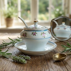 May include: A white porcelain sugar bowl with a lid and spoon, decorated with pink floral patterns and blue trim. The bowl sits on a matching saucer. A small gold spoon and a mirror are also visible.