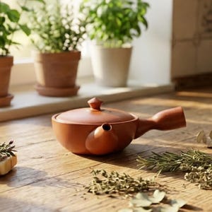 May include: A terracotta teapot with a handle and spout sits on a wooden surface, surrounded by herbs and small potted plants. A small wrapped package with greenery is also present. The scene is lit by natural light.