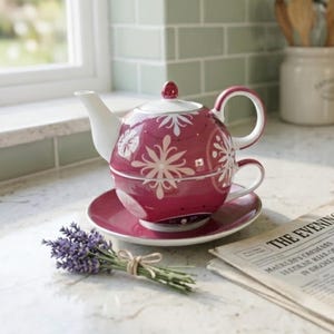 May include: A burgundy teapot and teacup set with a white floral design sits on a matching saucer. A small bundle of lavender and a newspaper titled "The Evening Chronicle" are also on the counter. The kitchen has a light green tile backsplash.