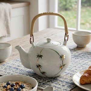 May include: A white ceramic teapot with a bamboo design and a woven handle sits on a wooden table, alongside a bowl of porridge with blueberries and walnuts, a croissant, and a glass of orange juice. A small teacup is also present.