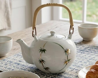 Vintage Japanese Porcelain Teapot - Hand-Painted Bamboo and Gold Floral with Resin Handle- 4 cups