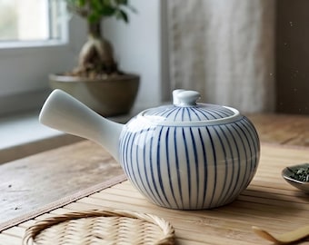 Vintage Japanese Kyusu Teapot Blue and White Tokusa Stripes Side Handle Porcelain Mesh Strainer