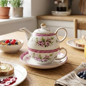 May include: A white porcelain tea set with a teapot and teacup, decorated with pink roses and gold trim. The set is on a saucer, with a bowl of cereal and a plate of toast nearby. A glass of orange juice and a bowl of berries are also on the wooden table.