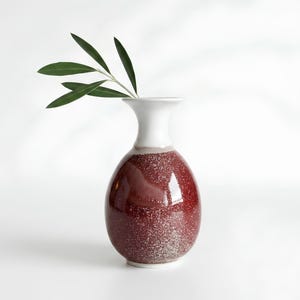 May include: A decorative vase with a white neck and a deep red body speckled with lighter tones. A sprig of green leaves extends from the vase's opening, creating a minimalist aesthetic. The vase is a stylish home decor item.