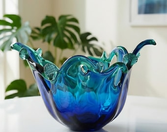 Vintage White Cristal Murano Sommerso Glass "Ocean Wave" Centerpiece Bowl: Cobalt & Emerald (12.0 in)
