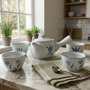 Può includere: Un servizio da tè in ceramica bianca con disegni floreali blu, composto da una teiera con manico laterale e quattro tazze abbinate. Il set è esposto su un piano di lavoro in marmo con un tovagliolo a righe verdi e un cucchiaino.