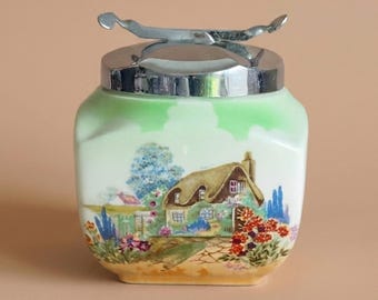 Vintage Mid-Century Japanese Ceramic Sugar Pot: Cottage Pattern with Integrated Metal Sugar Tongs Lid