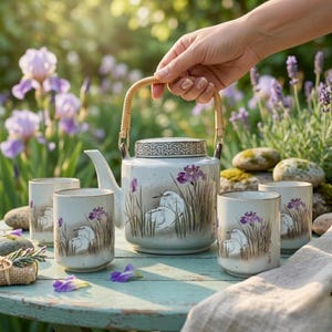 May include: A ceramic tea set with a teapot and four cups. The teapot has a woven handle. The set is decorated with a bird and floral design in white, purple, and brown. The teapot and cups are on a light blue table, with a garden background.