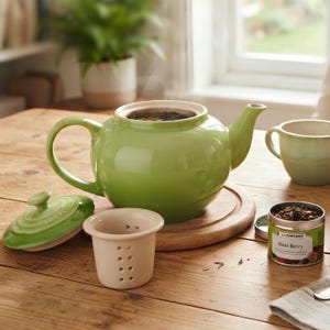 May include: A glossy light green ceramic teapot with a matching lid, a removable cream-colored tea infuser, and a small round tin of Kiwi Berry tea. The teapot has a curved handle and a spout, and a small matching mug sits to the right.