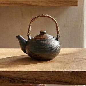 Théière wabi-sabi en céramique de style japonais - glaçure terreuse avec poignée en rotin