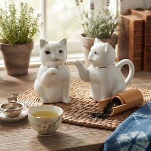 Peut inclure: Une théière en céramique blanche en forme de chat et un pot assorti en forme de chat, une petite tasse à thé à motifs floraux, une boule à thé en métal avec un pendentif chat et une cuillère à thé en bois contenant du thé en vrac.