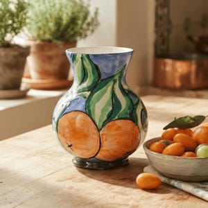 Vintage Annie Doherty 1989 Hand-Painted Blue, Yellow and Orange Bulbous Fruit Studio Pottery Vase