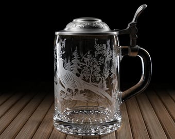 Caneca de cerveja vintage ALWE da Alemanha Ocidental, em vidro, com tampa de estanho: Caneca bávara colecionável