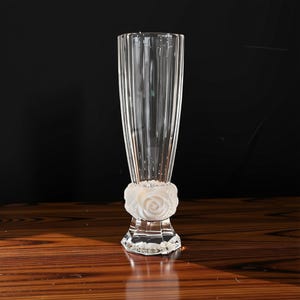 Vintage Frosted Rose Accent Crystal Bud Vase: Soliflore, Multi-faceted Octagonal Faceted Base