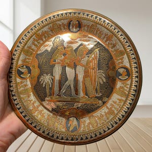 Vintage Egyptian Hand Etched Metal Wall Plate: Musicians and Hieroglyphs – 7.9 in