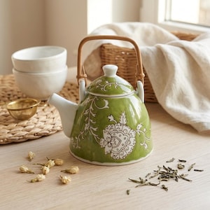 Op de afbeelding: Een groene keramische theepot met een wit bloemmotief en een bamboe handvat. De theepot heeft een witte tuit en deksel. Gedroogde theebladeren en jasmijnbloemen zijn verspreid over het houten oppervlak. Twee witte kopjes en een gouden thee-ei staan op de achtergrond.