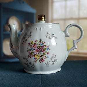Vintage 1950s Japanese Musical Teapot Floral Porcelain Sankyo Music Box Collectible Kitchen Decor