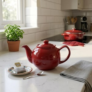May include: A shiny, red ceramic teapot with a lid is on a white countertop. A small saucer with a teabag and a spoon are nearby. A grey linen napkin and a red pot are also visible in the kitchen setting.