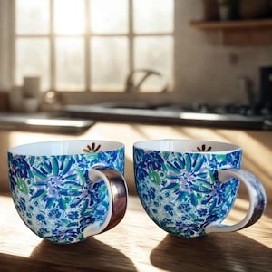 May include: Two ceramic mugs with a blue floral pattern and metallic handles. The mugs have a white interior and a decorative floral design on the rim. The background shows a kitchen setting with natural light.