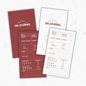 May include: Two printable pages for a ski journal. The pages are white with black text and graphics. The top of each page says "SKI JOURNAL". The pages include sections for date, start time, location, end time, ski friends, weather/conditions, equipment, lodging, food & drinks, energy levels, overall rating, difficulty, and notes.