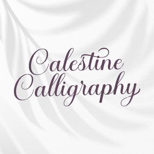 May include: Dark purple script lettering reads "Calestine Calligraphy" against a white backdrop with gentle, flowing shadows. The design has a clean and sophisticated aesthetic. The shadows create a subtle, textured effect. The overall feel is elegant and refined.