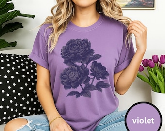 Camisa vintage con flores en linóleo - Camisa con peonías y flores silvestres de colores cómodos para mujer