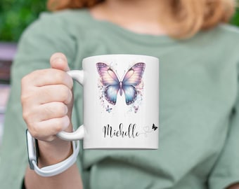 Benutzerdefinierte Schmetterling Becher -Personalisierte Namenstasse -11oz 15oz Keramik Kaffeetasse -Lila Schmetterling Teetasse -Niedliche Schmetterling Geschenke für Sie