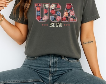 Comfort Colors Floral USA Shirt -American Girl Shirt -4th of July Shirt -USA Est 1776 Shirt -Patriotic Women T-Shirt -Floral USA Tee