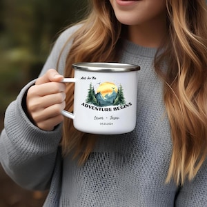 Personalized Wedding Camping Mug - Mountain Adventure Couple Mug - 12oz Enamel Coffee Mug - Wedding Gift For Bride And Groom