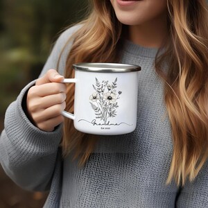 Personalized Grandma Mug - Boho Wildflowers Mug - Enamel Coffee Mug - Floral Tea Cup - Gift For Her