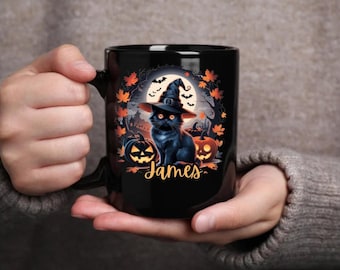 Personalized Black Cat Halloween Mug - Pumpkin Mug - Spooky Season Cute Halloween Mug - Cats Lover Gifts - Fall Cat Mug