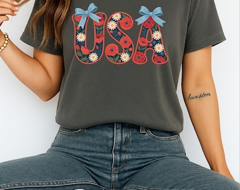 Comfort Colors® Coquette USA Shirt - 4th of July Shirt - Floral USA Shirt - American Flag Shirt - Patriotic Shirt