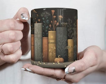 Winter Bookshelf Mug -11oz 15oz Ceramic Coffee Mug -Snowy Christmas Tea Cup for Book Lovers