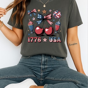 Comfort Colors® Retro USA Coquette Bow Shirt -4th of July Shirt -Women&#39;s Patriotic Shirt -USA Bow Tee -Fourth of July American Shirt