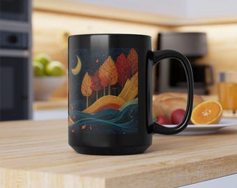 Autumn Crescent Moon Mug -Fall Forest Tea Cup -11oz 15oz Ceramic Coffee Mug -Seasonal Drinkware Decor