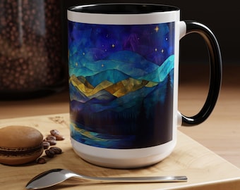 Buntglas-Gebirgsbecher für Fantasy- und Abenteuerliebhaber - 11 Unzen 15 Unzen Keramikkaffeetasse - Kiefernbaum-himmlische Becher