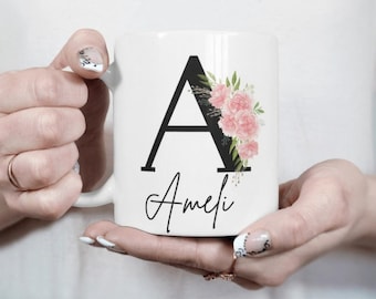 Kundenspezifische Geburts-Blumen-Kaffeetasse - Personalisierte 11 Unze 15 Unze keramische Teetasse - Monogramm-Anfangsname-Geburtstags-Tasse